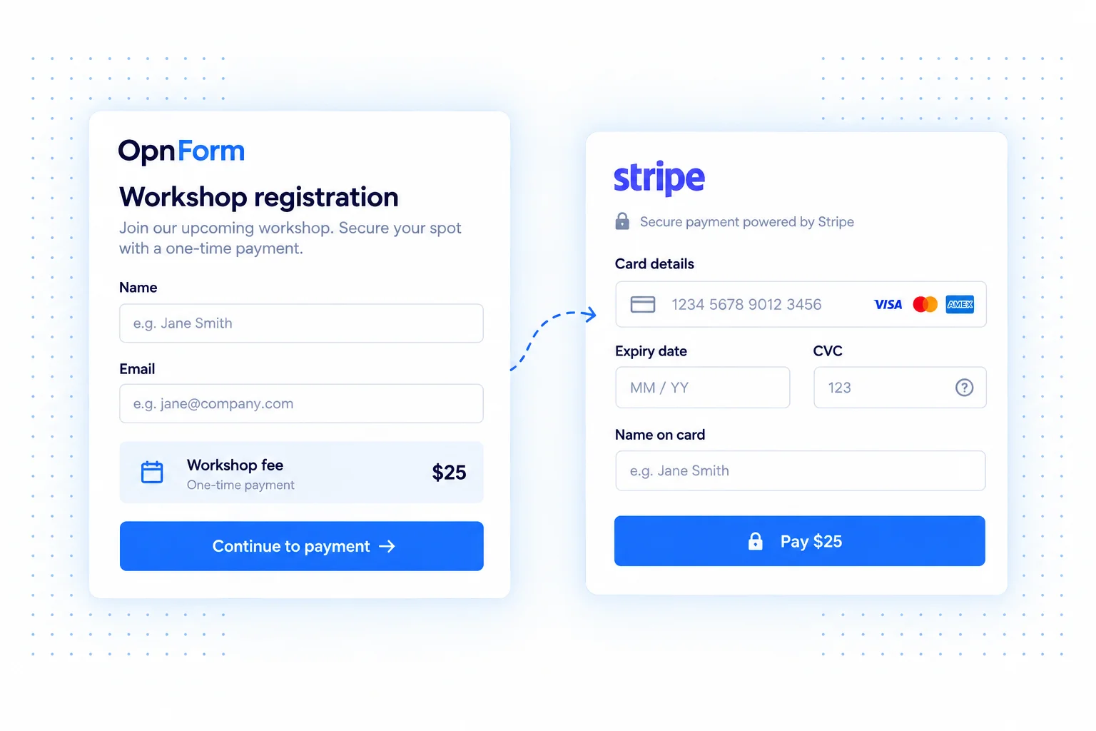 A workshop registration form with a one-time Stripe payment.